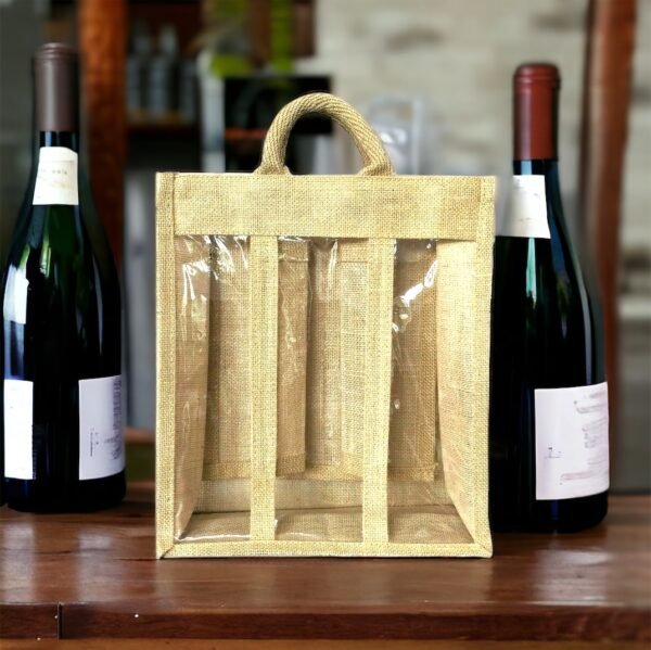 Personalised Three Bottle Jute Wine Bottle Bag, Burlap Wine Bag With PVC Window. - Image 3